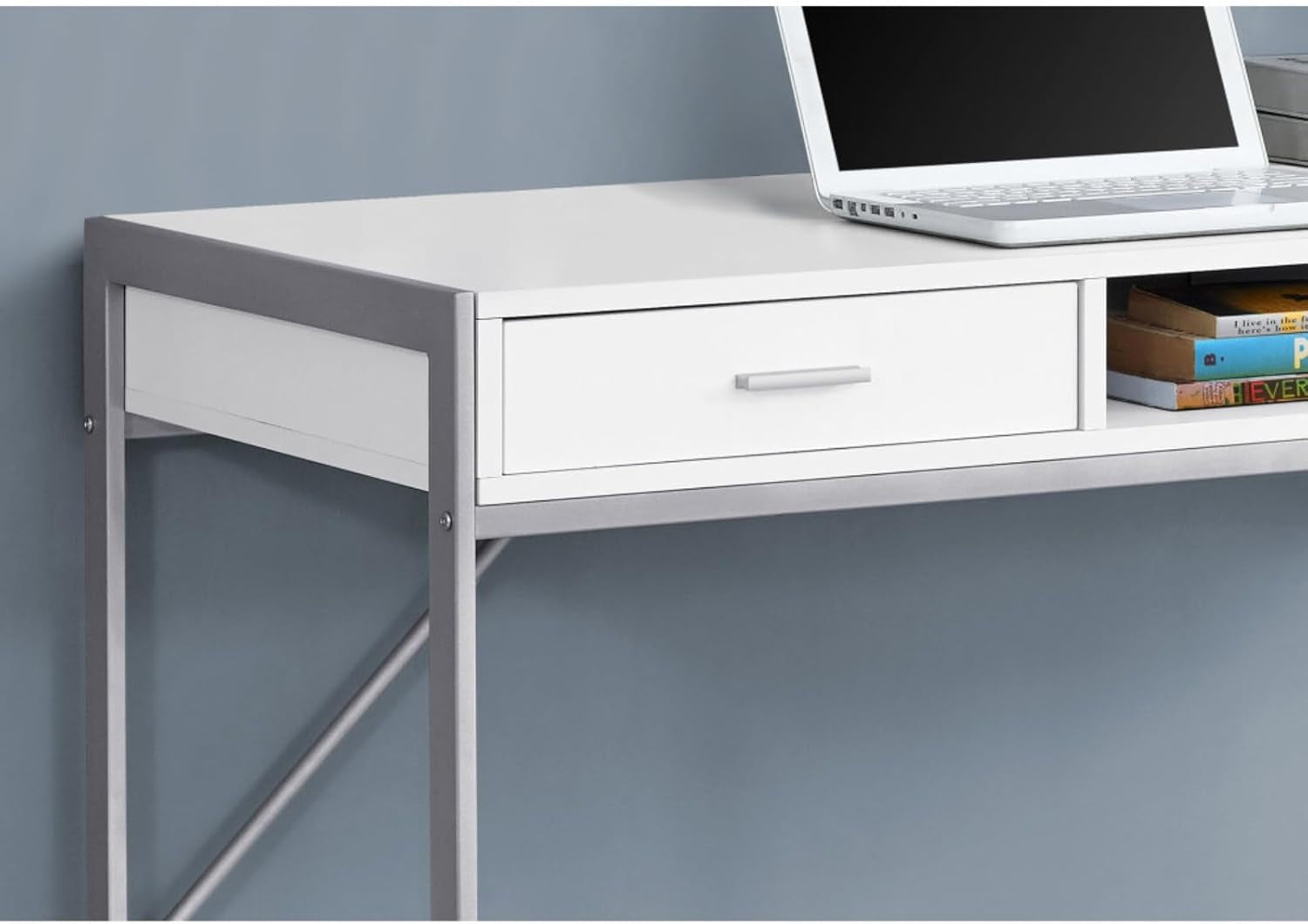 Contemporary 48" L Computer Desk with 2 Spacious Drawers for Storages, Modern Home Office Laptop Table with 1 Open Concept Shelf