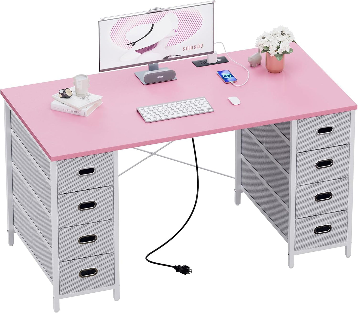 47 Inch Computer Desk with 8 Fabric Drawers PC Gaming Desk Home Office Study Work Writing Table for Bedroom Pink