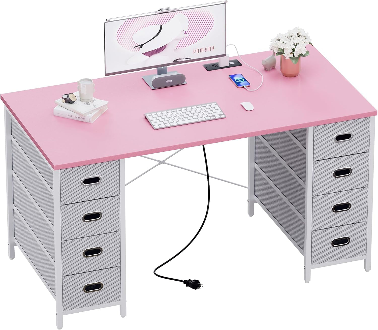 47 Inch Computer Desk with 8 Fabric Drawers PC Gaming Desk Home Office Study Work Writing Table for Bedroom Pink