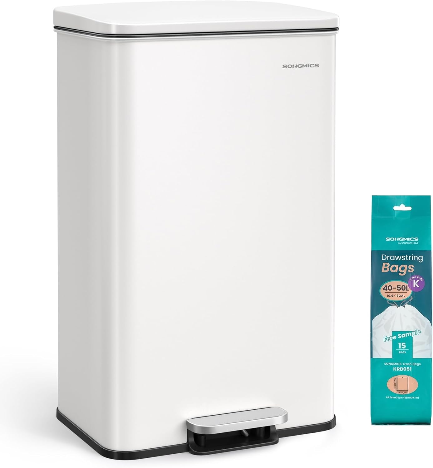 Kitchen Trash Can, 10.5 Gallon (40 L) Garbage Can, Large Step Trash Bin with Lid, Stainless Steel, Soft Close, 15 Trash Bags Included, White ULTB540W40