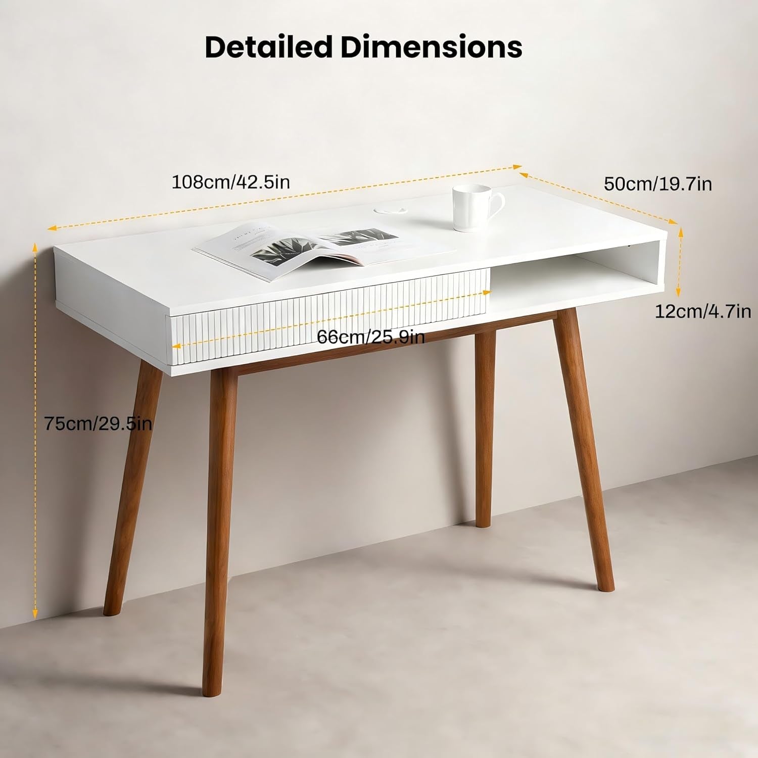 White Writing Desk with Drawers Mid Century Modern Desk, Wood Office Computer Desks for Small Space, White Desks with Walnut Legs