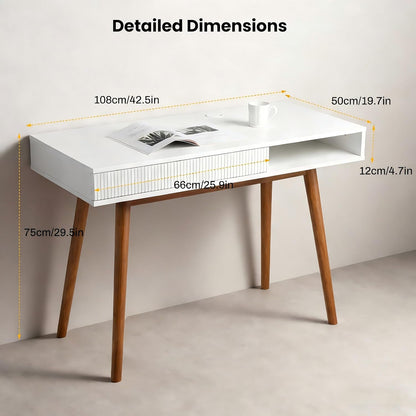 White Writing Desk with Drawers Mid Century Modern Desk, Wood Office Computer Desks for Small Space, White Desks with Walnut Legs