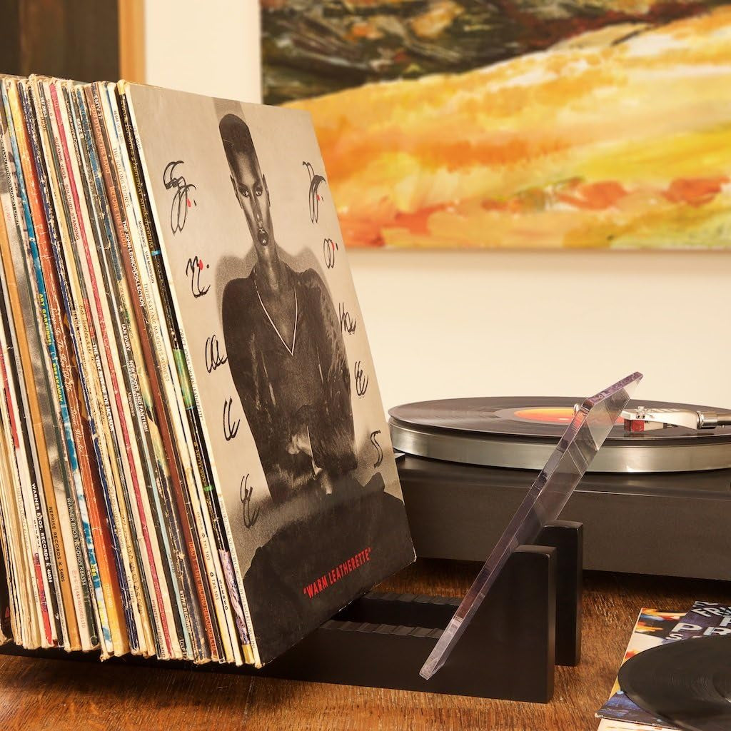 Vinyl Record Storage - Solid Wood with Crystal Clear Acrylic Holder - Premium Design, Perfect 12" Lps or 7" Singles Display Unit - Stores and Supports up to 50 Albums (Modern Black)
