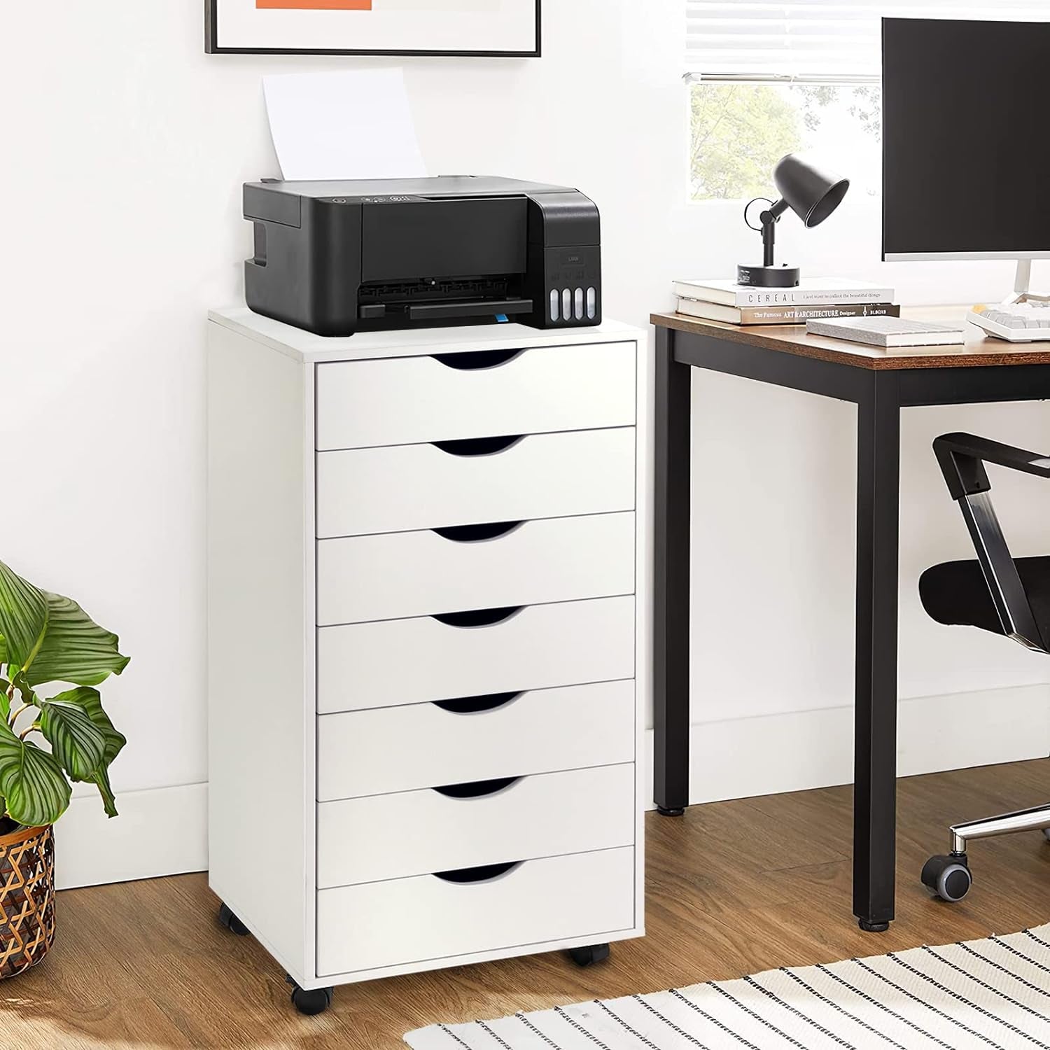 7-Drawer Organizer, Tall Chest of Drawers with Caster Wheels, Alex Drawers File for Home Office, White