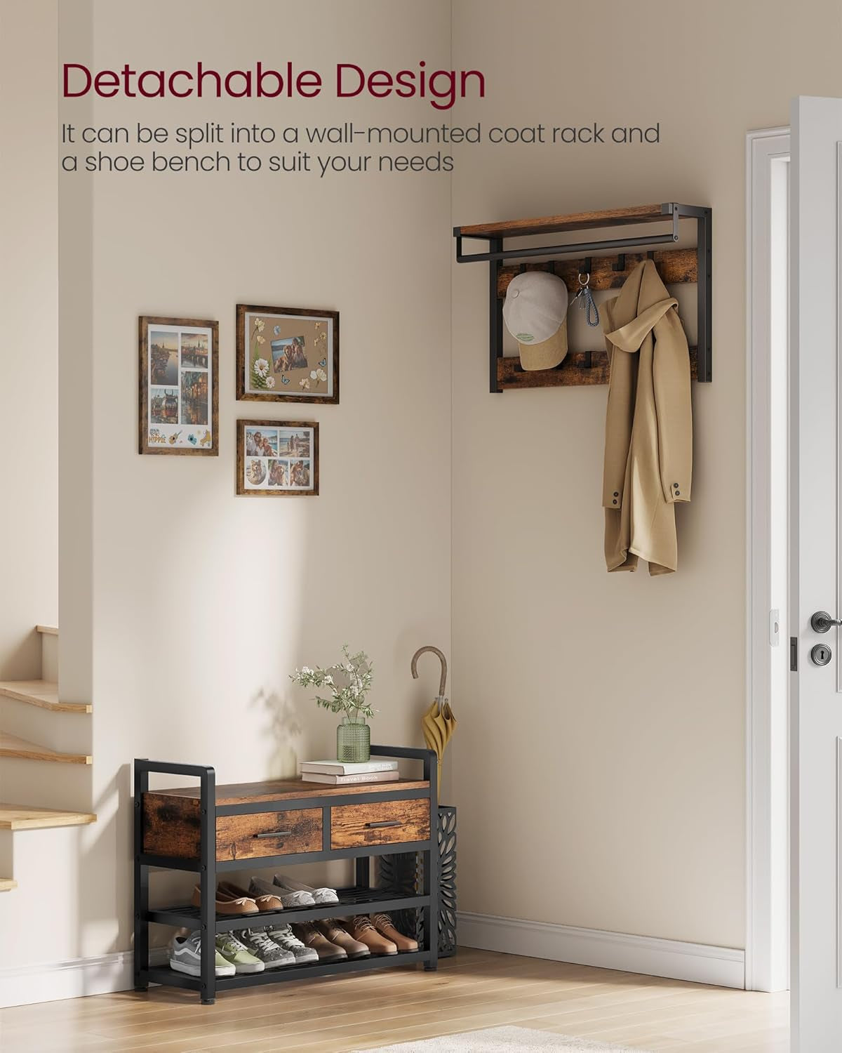 Hall Tree with Bench and Shoe Storage, Entryway Coat Rack with Shoe Bench, 2 Fabric Drawers, 10 Hooks, 11.8 X 31.7 X 71.5 Inches, Vintage Brown and Ink Black UHSR429B01