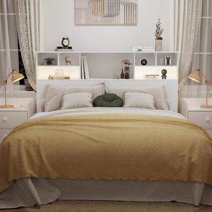 White wood bookcase headboard with charging station and LED lights, view 6