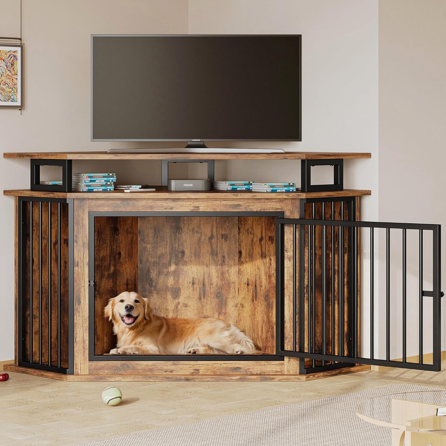51" Corner Wooden Dog Crate Furniture with 2-Tier Shelves, Pet Kennel for Large Dogs, Space-Saving Dog Cage Indoor, Rustic Brown (26.7" L X 51.2" W X 33.5" H)