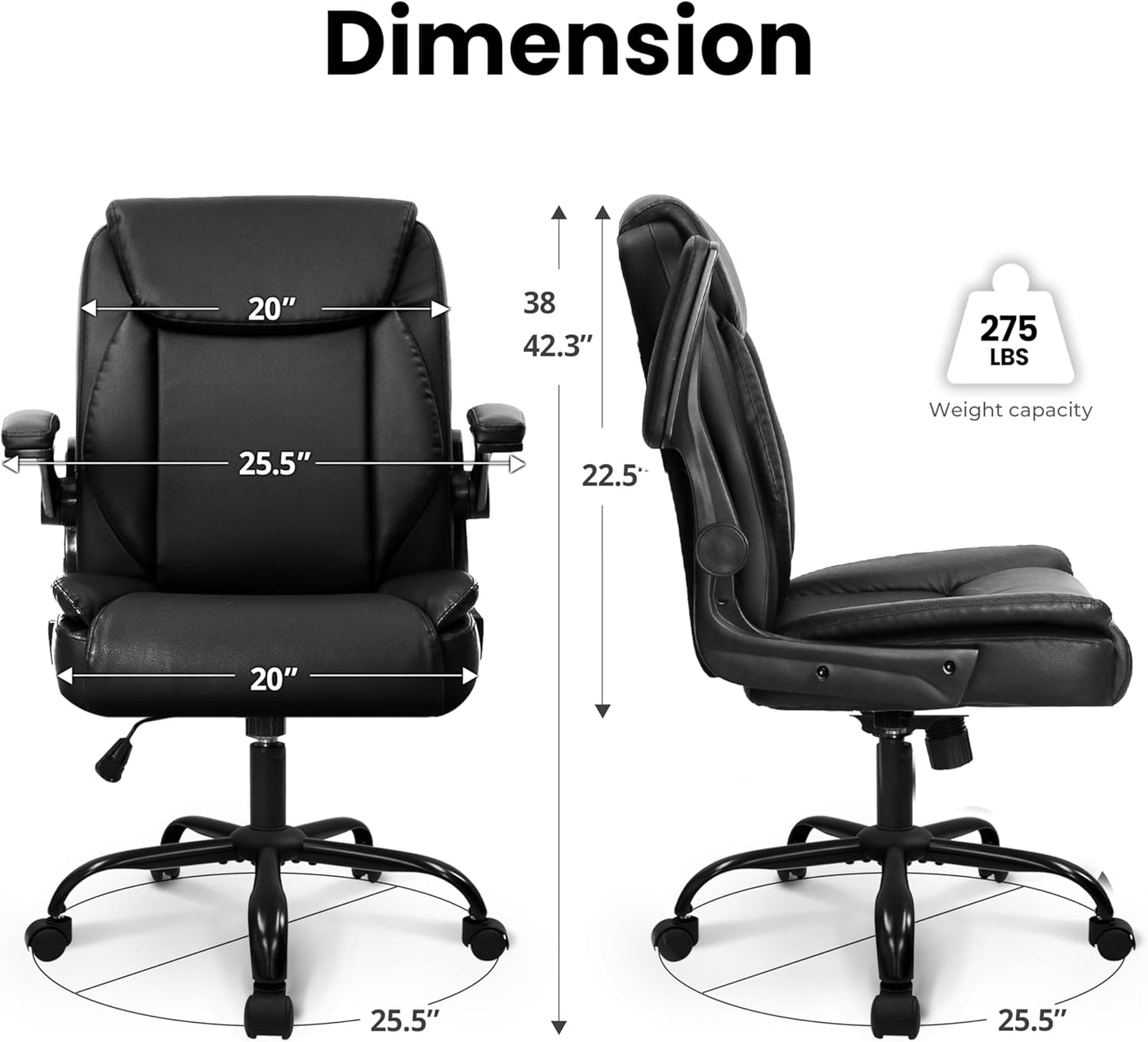 Office Desk Computer Chair Ergonomic Executive Mid-Back Leather Gaming Chair with Adjustable Flip-Up Armrests Wheels Swivel for Home Study Task (Jet Black)