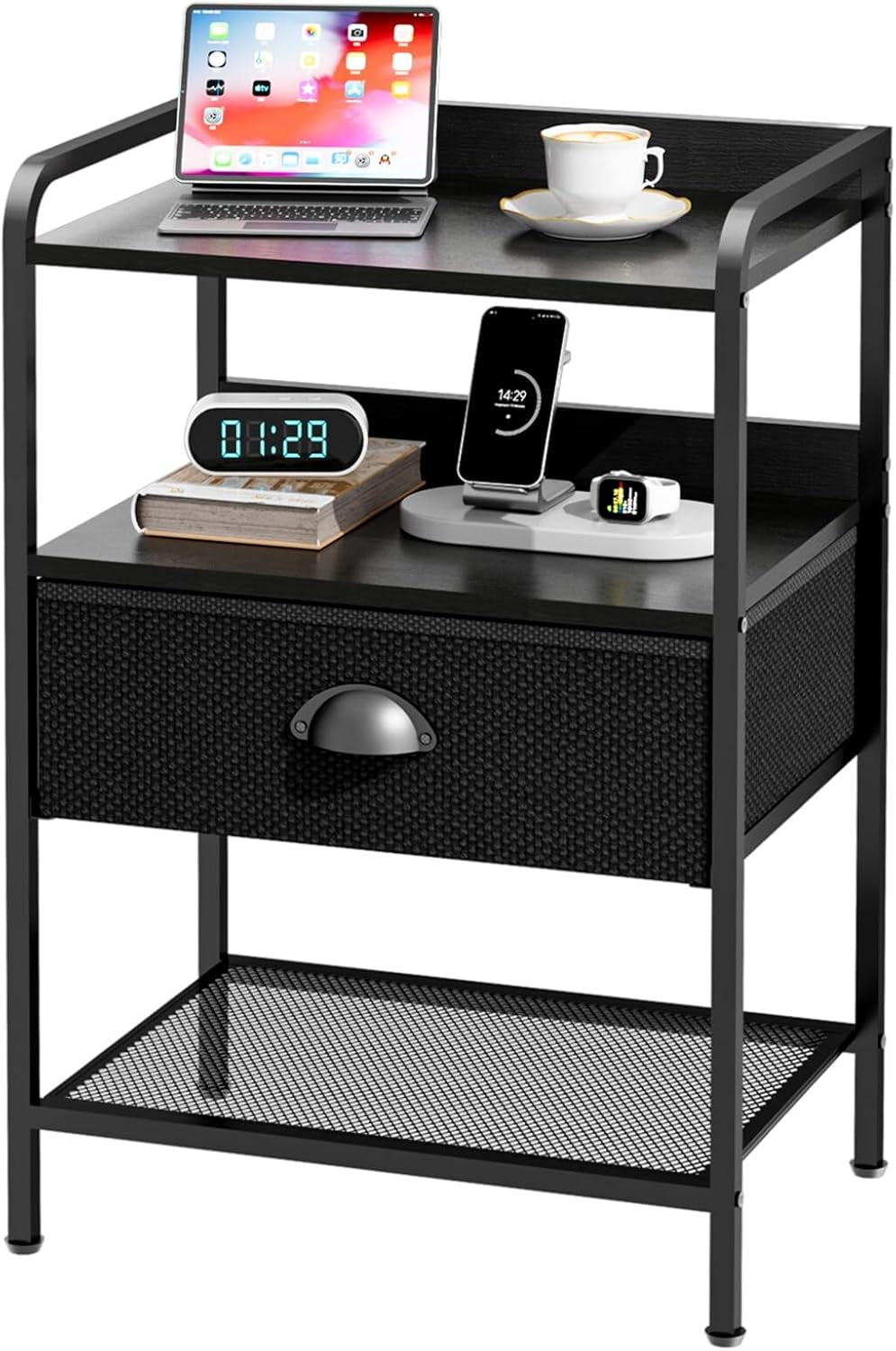 Night Stand with 1 Fabric Drawer and Sturdy Metal Frame, Modern Bedside Table Lightweight & Durable -55LB Load Capacity, Wear-Resistant & Easy-Clean Surface, Black