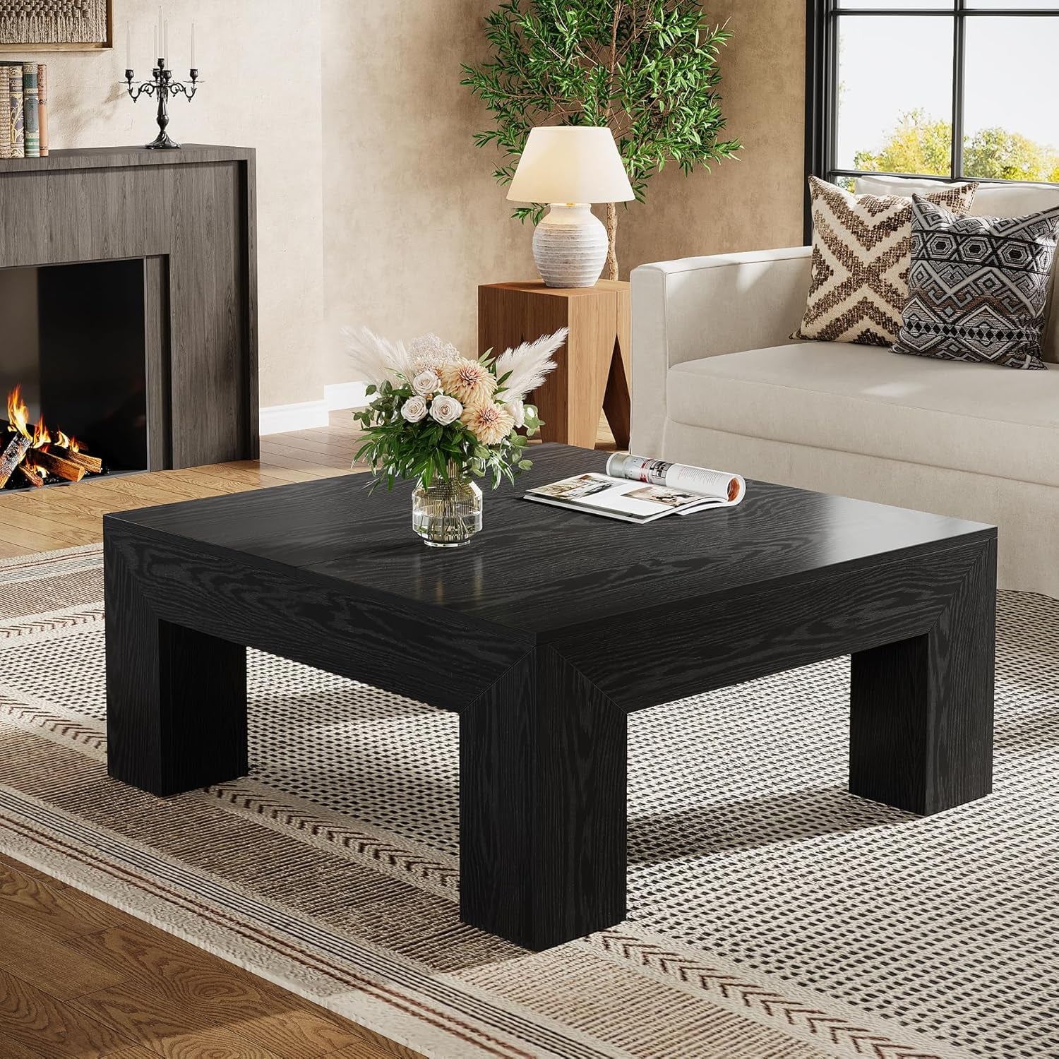 39.4-Inch Square Coffee Table for Living Room, Farmhouse All MDF Accent Center Cocktail Table with Sturdy Wooden Legs, Easy Assembly, Black