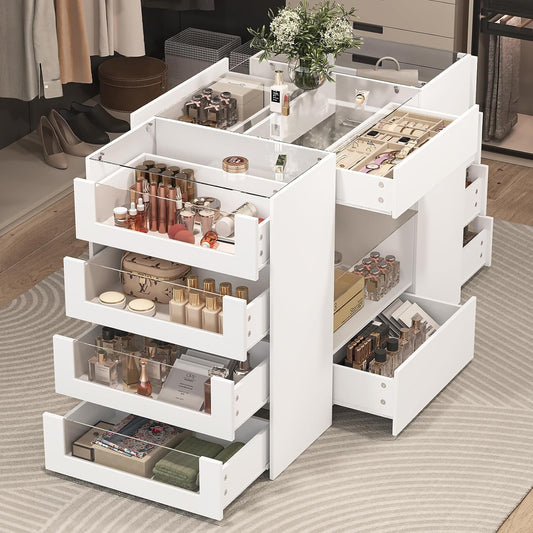Closet Island with Drawers, Wardrobe Armoire Bedroom Island, Glass Display Shelf & 12 Drawers, White Dresser with Glass Top, Walk-In Closet Island for Bedroom, Cloakroom