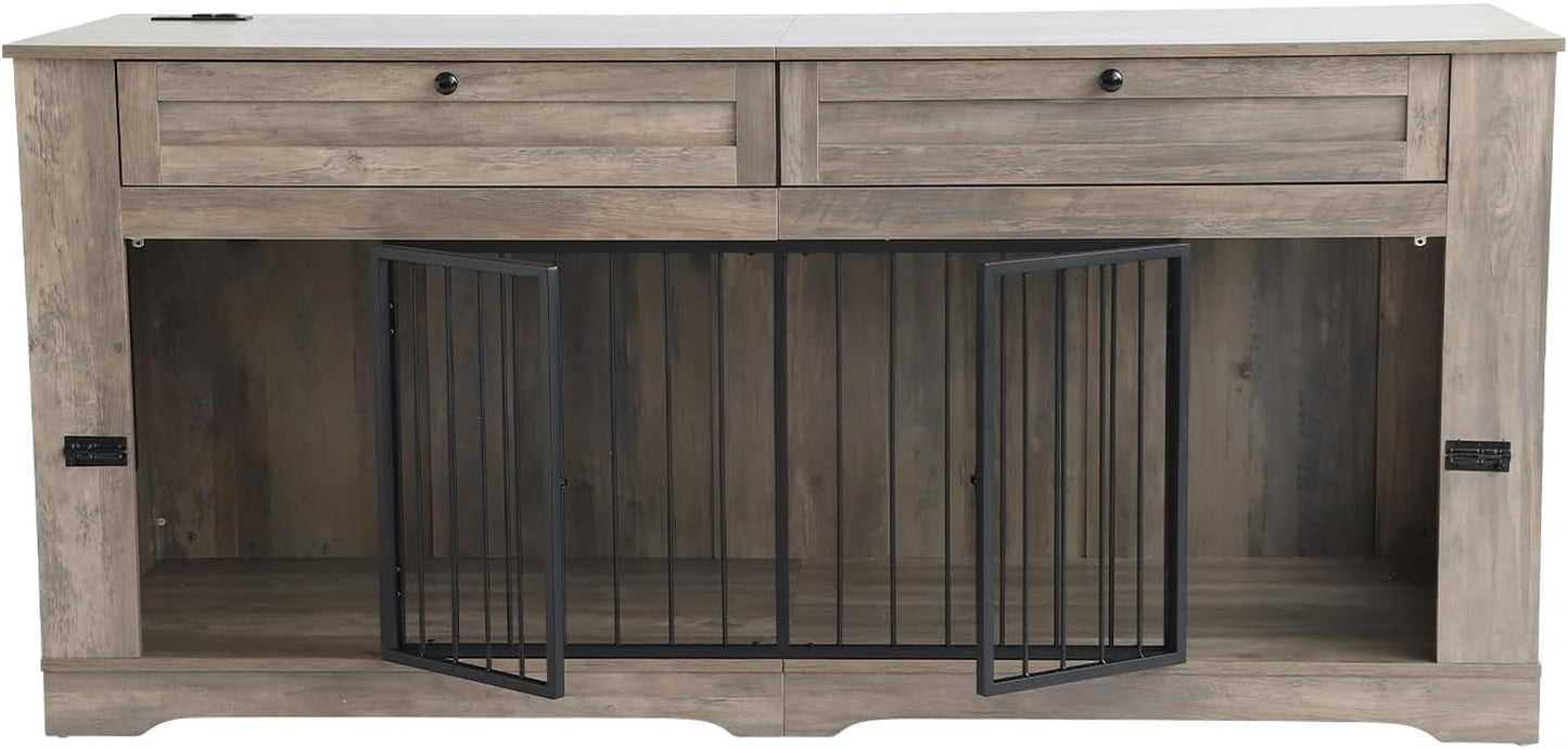 Large Dog Crate Furniture-Decorative Heavy Duty Dog Cage Indoor, Wooden Dog Cage End Table with Charging Station, Dog House with 2 Drawers (White, 70.86''L)