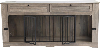 Large Dog Crate Furniture-Decorative Heavy Duty Dog Cage Indoor, Wooden Dog Cage End Table with Charging Station, Dog House with 2 Drawers (White, 70.86''L)