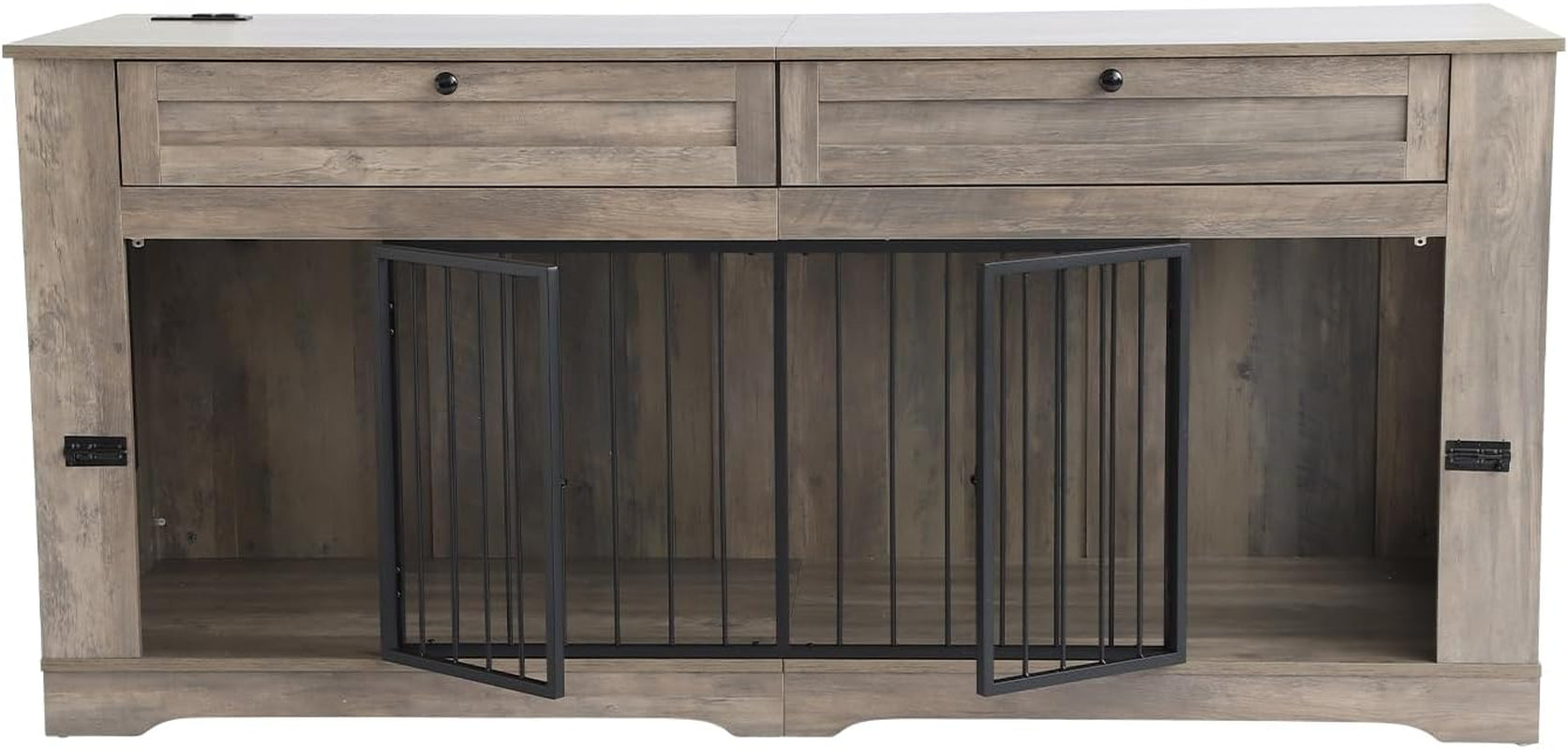 Large Dog Crate Furniture-Decorative Heavy Duty Dog Cage Indoor, Wooden Dog Cage End Table with Charging Station, Dog House with 2 Drawers (Gray, 70.86''L)