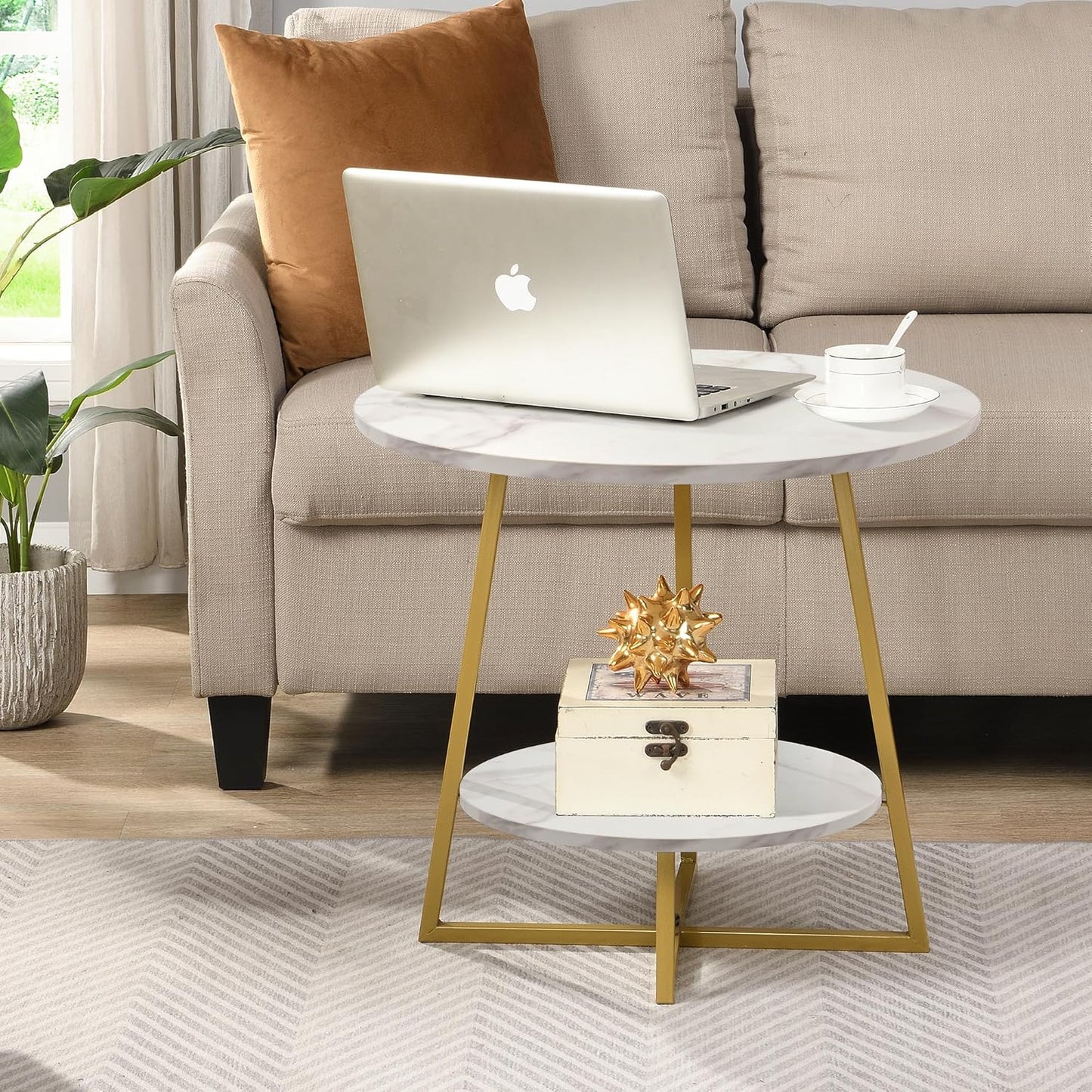 20" Living Room Side Table for Small Spaces, 2 Tier Wood Top round End Tables with Storage Shelf, Accent Sofa Table for Bedroom, Office, Sunroom, Balcony, White Faux Marble/Gold