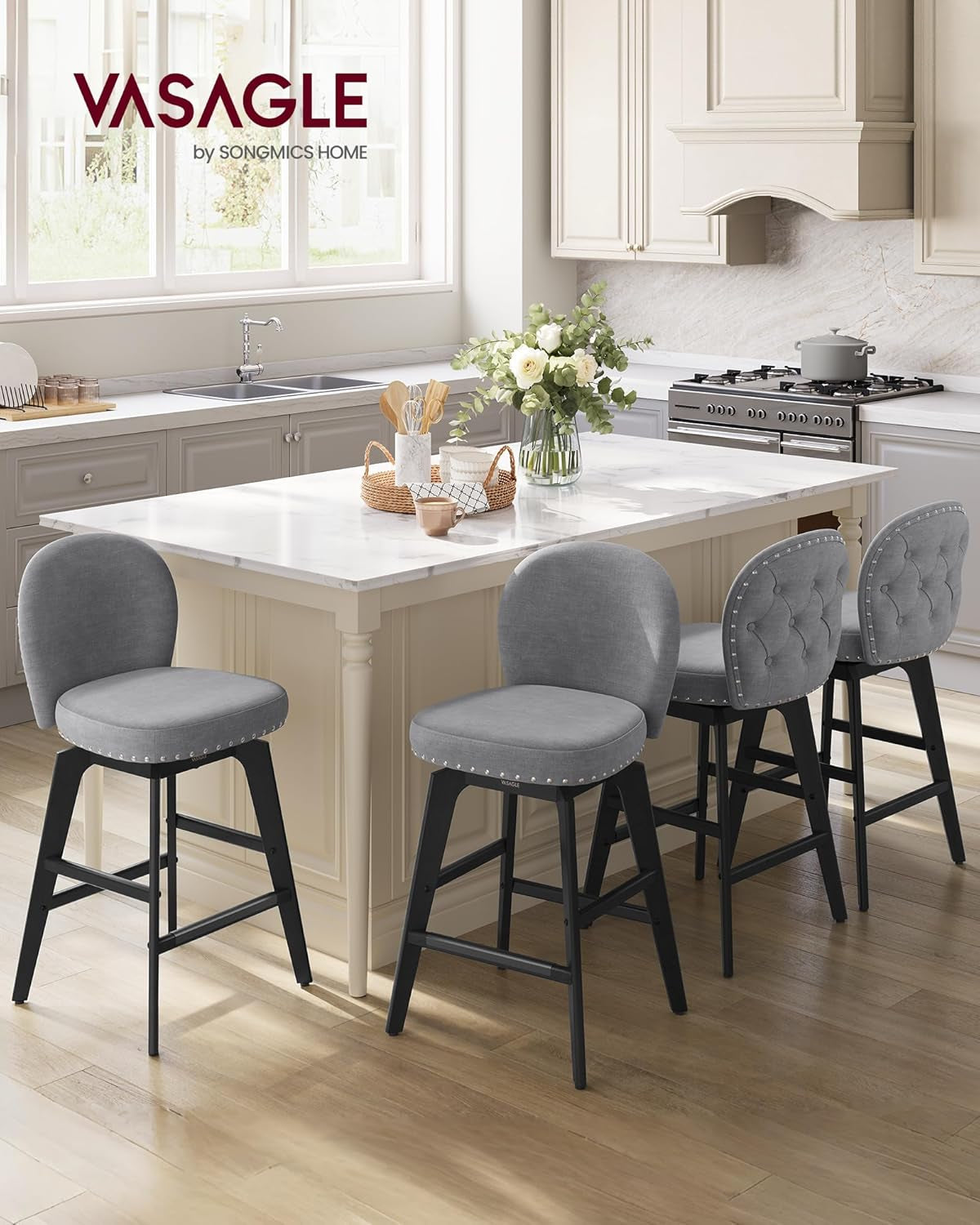 Bar Stools Set of 4, Swivel Counter Height Bar Stools with Back and Wood Legs, Chenille Fabric Upholstered Barstools, 26.2-Inch Tall Counter Barstools for Kitchen Island, Slate Gray
