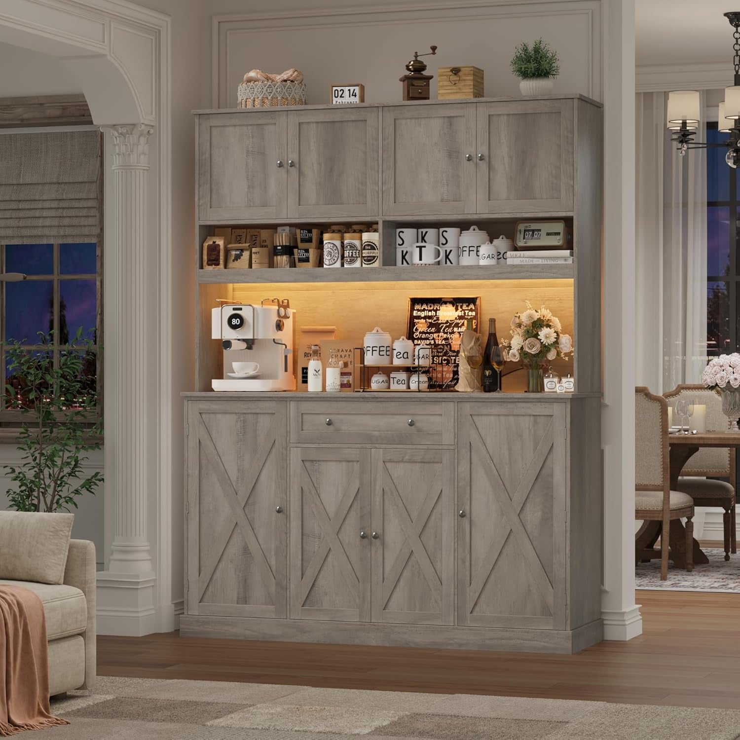 72.8” Tall Kitchen Pantry Cabinet with LED & Charging Station, 55” Wide Farmhouse Pantry Storage Cabinet with Microwave Stand&Shelves&Barn Doors, Kitchen Hutch Coffee Bar for Living Room, Grey