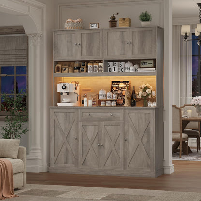 72.8” Tall Kitchen Pantry Cabinet with LED & Charging Station, 55” Wide Farmhouse Pantry Storage Cabinet with Microwave Stand&Shelves&Barn Doors, Kitchen Hutch Coffee Bar for Living Room, Grey