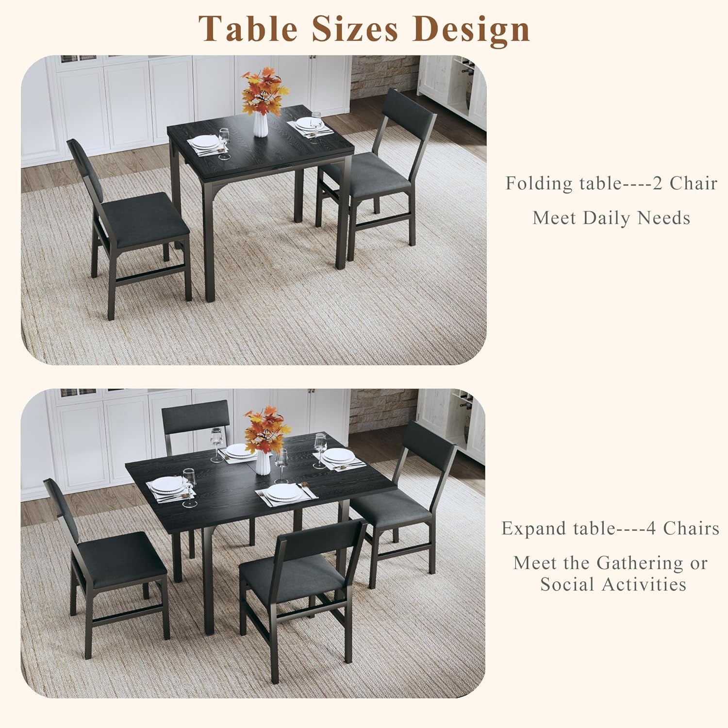 Dining Table Set for 4, Extendable Kitchen Table Cushion Chairs Set of 4, Rectangle Dining Table with Metal Frame & MDF Board, Folding for Small Apartment Saving Space, Black