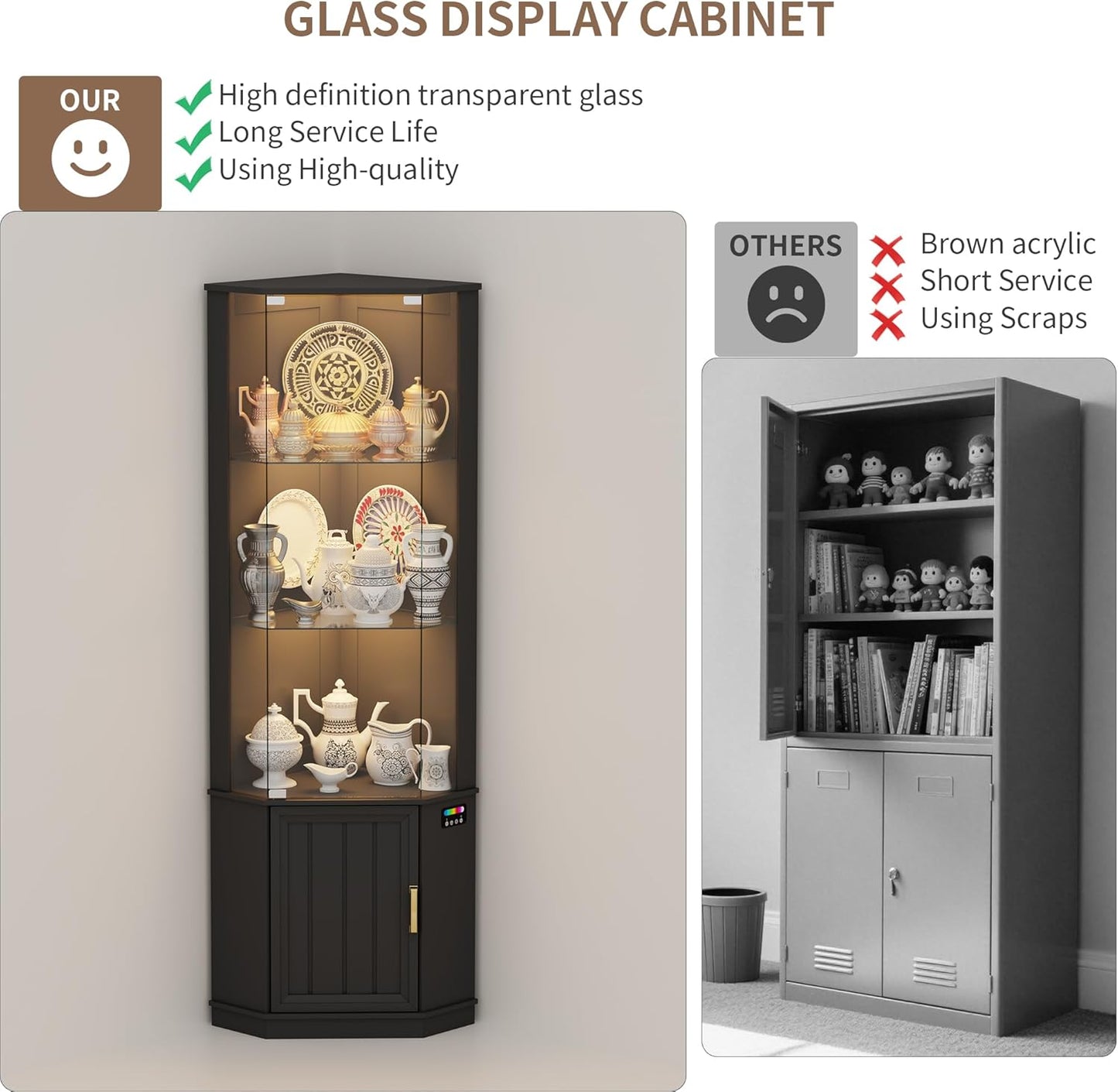 69" Corner Glass Display Cabinet with RGB Lights,3-Tier Movable Glass Shelves,Curio Display with Human Body Sensor,Bookcase with Storage Cabinet for Toys,Books,Collectibles,Liquor,Black