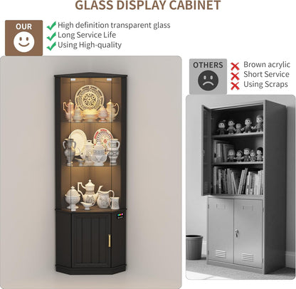 69" Corner Glass Display Cabinet with RGB Lights,3-Tier Movable Glass Shelves,Curio Display with Human Body Sensor,Bookcase with Storage Cabinet for Toys,Books,Collectibles,Liquor,Black
