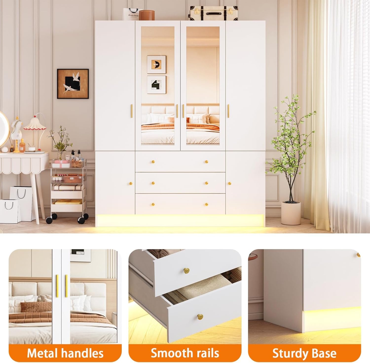 4 Doors LED Wardrobe Closet, 75" Tall Modern Armoire with Mirror & 3 Drawers, Wooden Armoire Wardrobe Closet for Bedroom, Hanging Rod, Freestanding Clothing Storage Cabinet, White