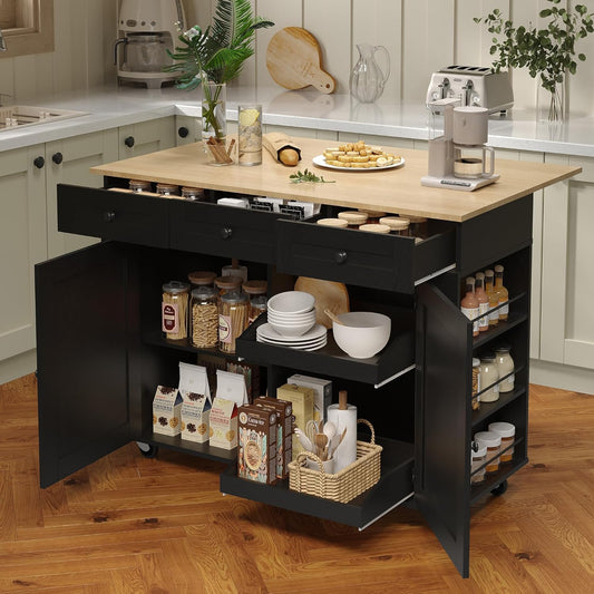 Rolling Kitchen Island with Drop Leaf Countertop, Charging Station & Ample Storage - 47.2 in Mobile Kitchen Cart on Wheels with Pull-Out Shelves, Drawers, Spice Rack & Organizer Divider