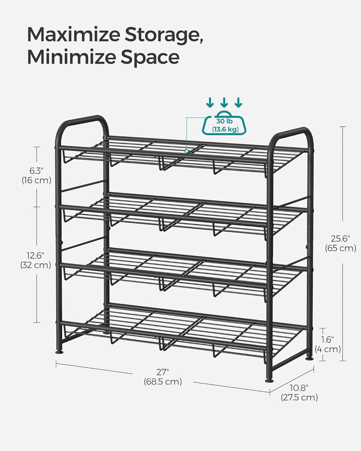Stackable Shoe Rack, 4 Tier Metal Shoes Rack Storage Shelf, Holds up to 20 Pairs Shoes, Adjustable Slanted Shelves Shoe Tower Organizer for Closet Entryway Small Spaces, Black
