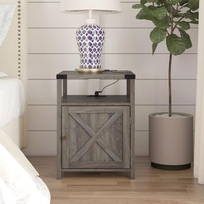 Grey farmhouse nightstand with charging station and storage, view 4
