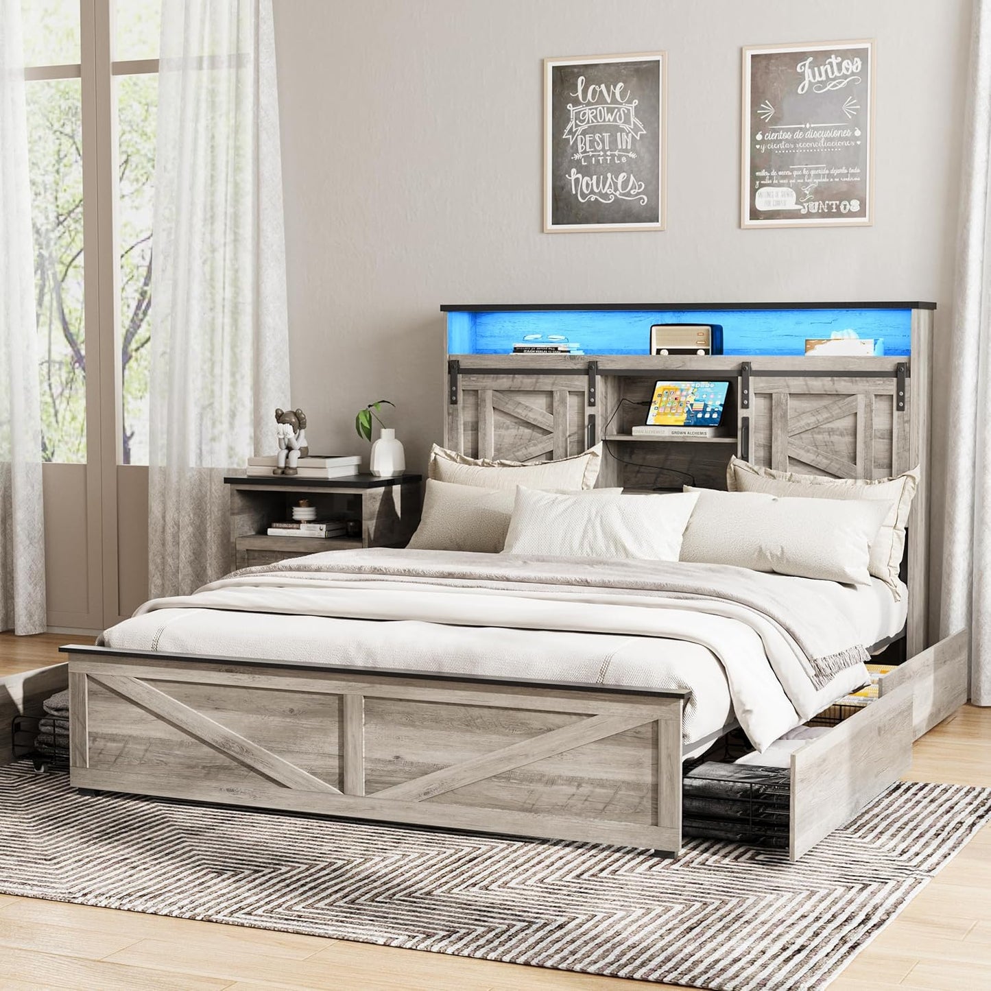 Farmhouse Queen Size Bed Frame with 4 Drawers and Bookcase Headboard, Sliding Barn Door Storage Shelves, LED Lights and Charging Station, No Box Spring Needed, Grey