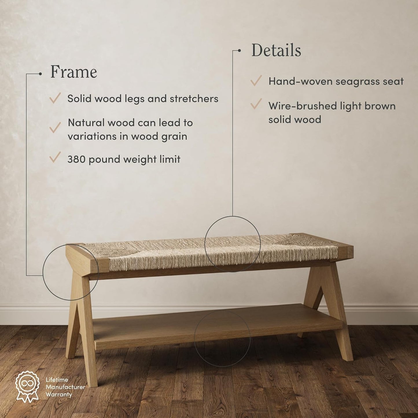 Beacon Bohemian Bench Seat with Shoe Storage, Seagrass Entryway or End of Bed Bench with Solid Wood Frame, Brushed Light Brown