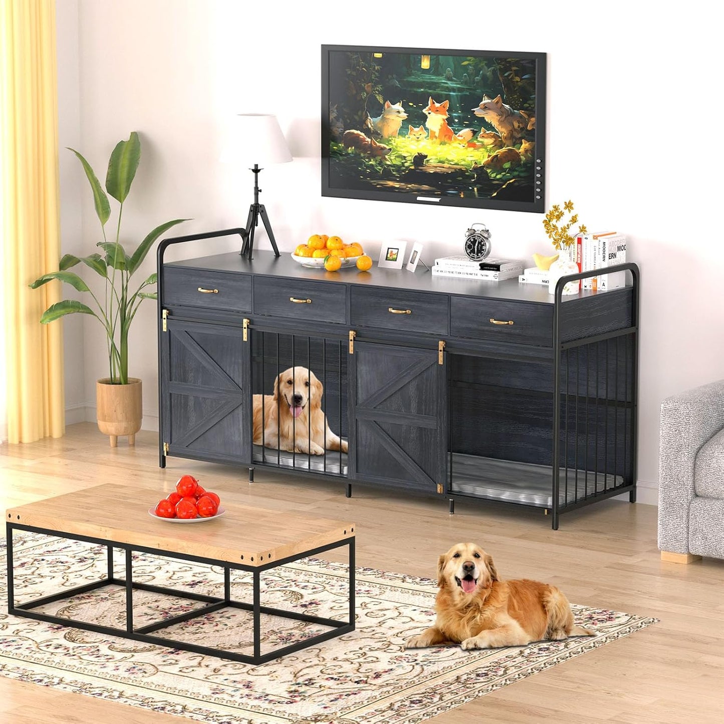 78.7 Inch Large Dog Crate Furniture for 2 Dogs Extra Large Dog Kennel Heavy Duty Wood Dog Crate Double Dog Crates Furniture TV Stand (Black)