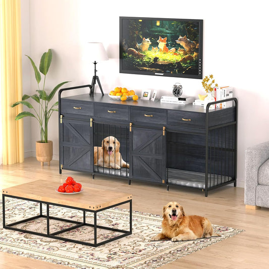 78.7 Inch Large Dog Crate Furniture for 2 Dogs Extra Large Dog Kennel Heavy Duty Wood Dog Crate Double Dog Crates Furniture TV Stand (Black)