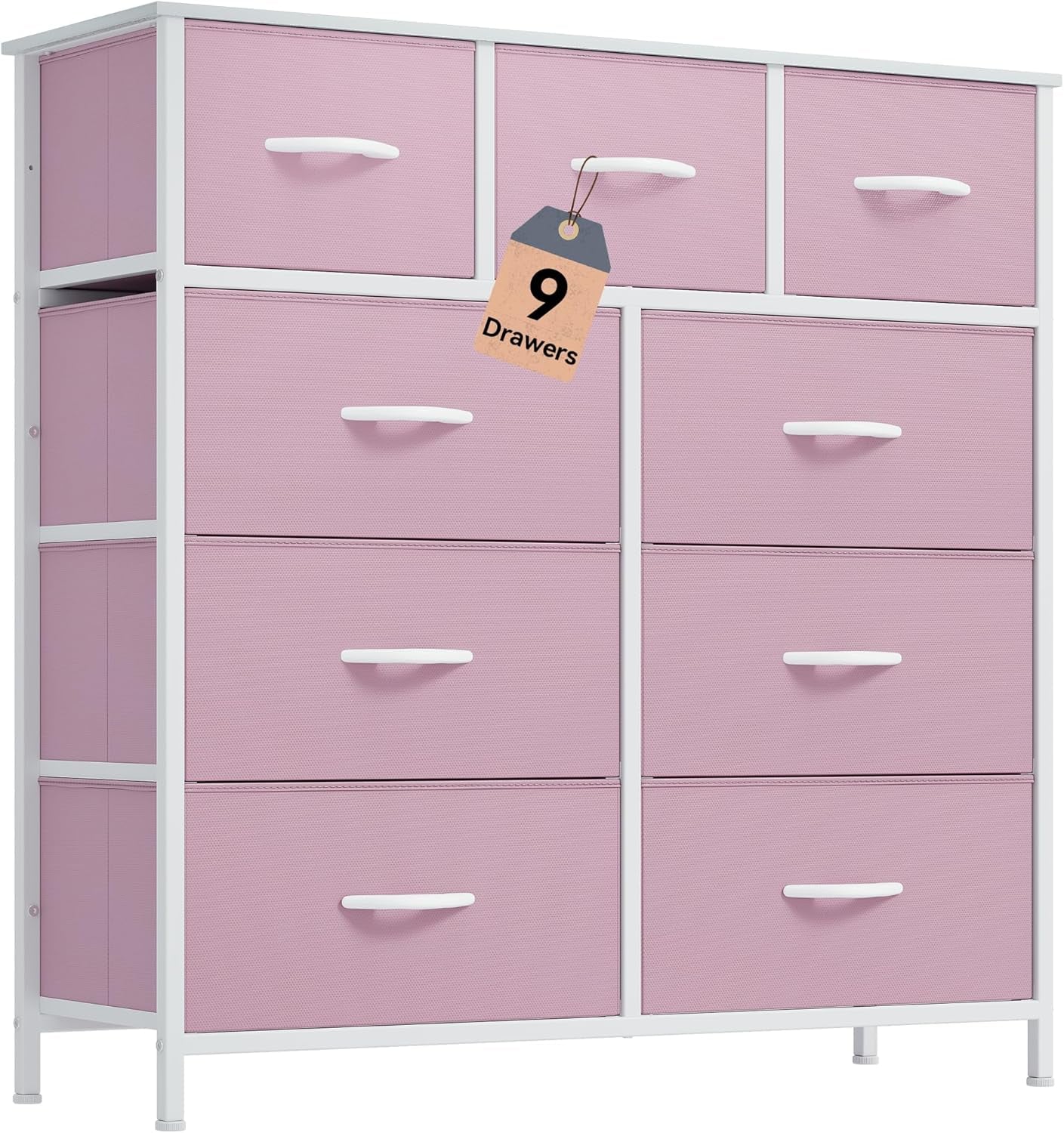 Dresser with 9 Drawers, Fabric Storage Dresser, Closet Chest of Drawers for Living Room, Closets - Sturdy Steel Frame, Wooden Top & Easy Pull Fabric Bins (Pink)