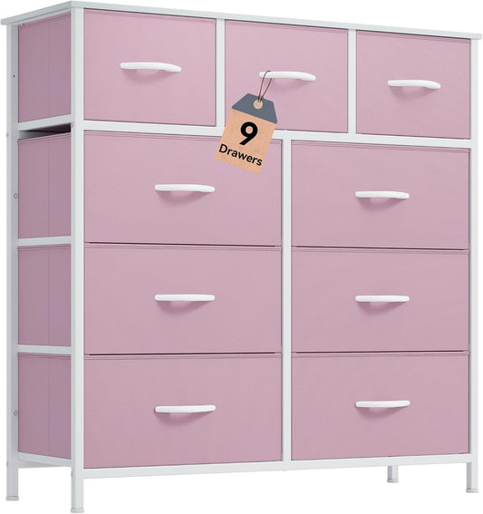Dresser with 9 Drawers, Fabric Storage Dresser, Closet Chest of Drawers for Living Room, Closets - Sturdy Steel Frame, Wooden Top & Easy Pull Fabric Bins (Pink)