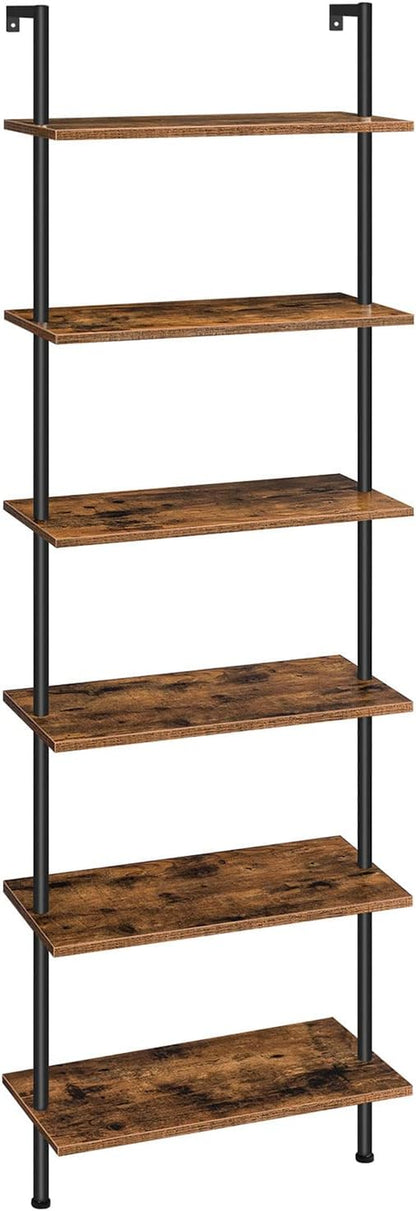 DIY Ladder Shelf, 6-Tier Wall Mounted Bookshelf, Office Vertical Bookcase, Wooden Storage Shelves for Home Office, Bedroom, Rustic Brown and Black BF65CJ01
