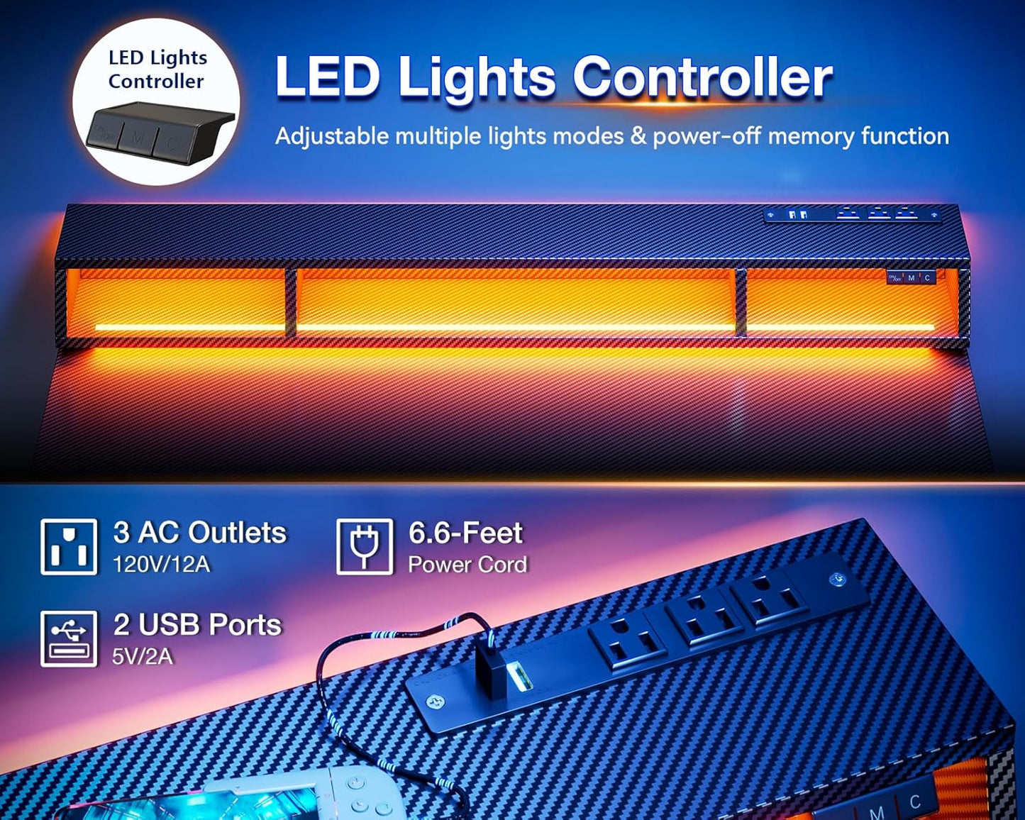 48 Inch Gaming Desk with LED Lights & Power Outlets, Small Computer Gaming Table with Float Monitor Stand, Kids Boys Desk with Carbon Fiber Texture