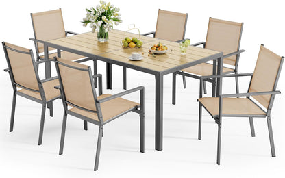 Patio Table and Chairs Set for 6, Outdoor Dining Set Includes 59.5" Rectangle Patio Table with Side Umbrella Hole and 6 Textilene Fabric Patio Chairs for Backyard, Courtyard, Poolside, Brown