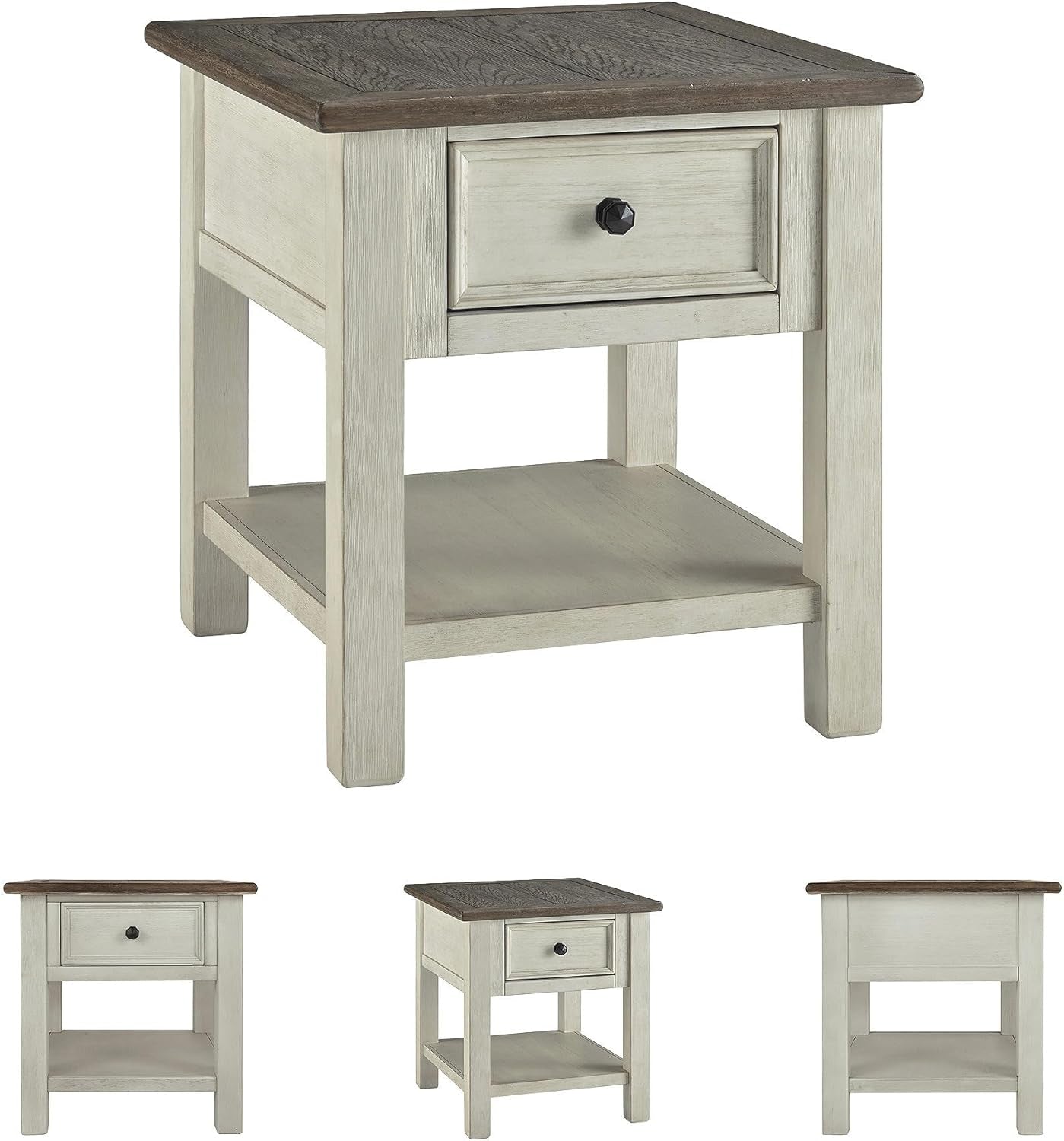 Signature Design by Ashley Bolanburg End Table for Living Room, Two-Tone Distressed Wood Side Table with Smooth-Gliding Drawer, Farmhouse Plank-Style Top, Ideal Night Stand Use, Antique White/Oak