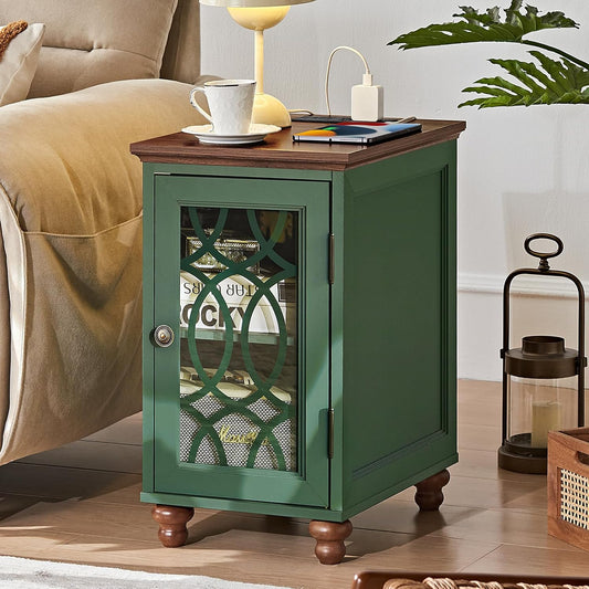 Narrow Side Table with Charging Station, Night Stand with Glass Door, Bedside End Tables with Adjustable Shelf Storage Cabinet,Wood Nightstand for Small Spaces Living Room Bedroom