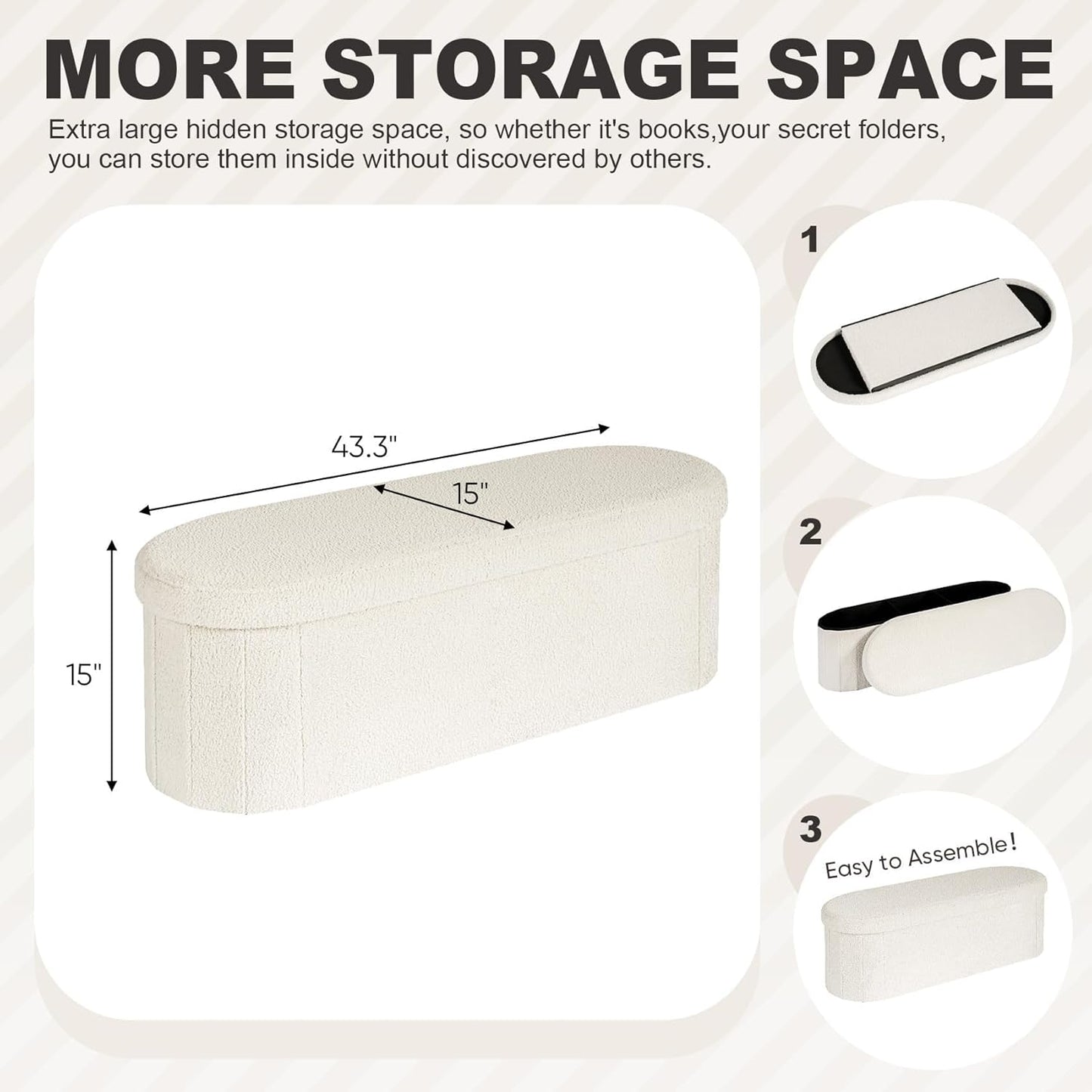 Storage Ottoman Bench Tufted Oval Ottomans Bench Foot Rest, Chest Box Velvet Bench with Storage, 43"X15"X15" (White)