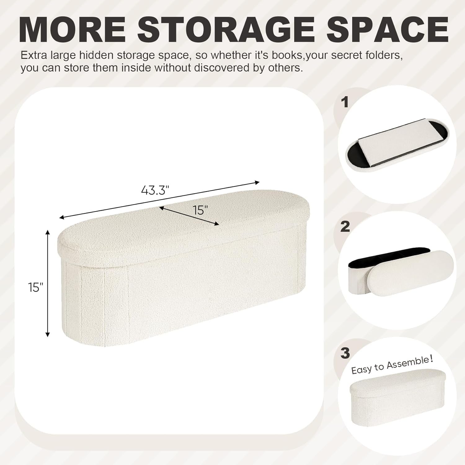 Storage Ottoman Bench Tufted Oval Ottomans Bench Foot Rest, Chest Box Velvet Bench with Storage, 43"X15"X15" (White)