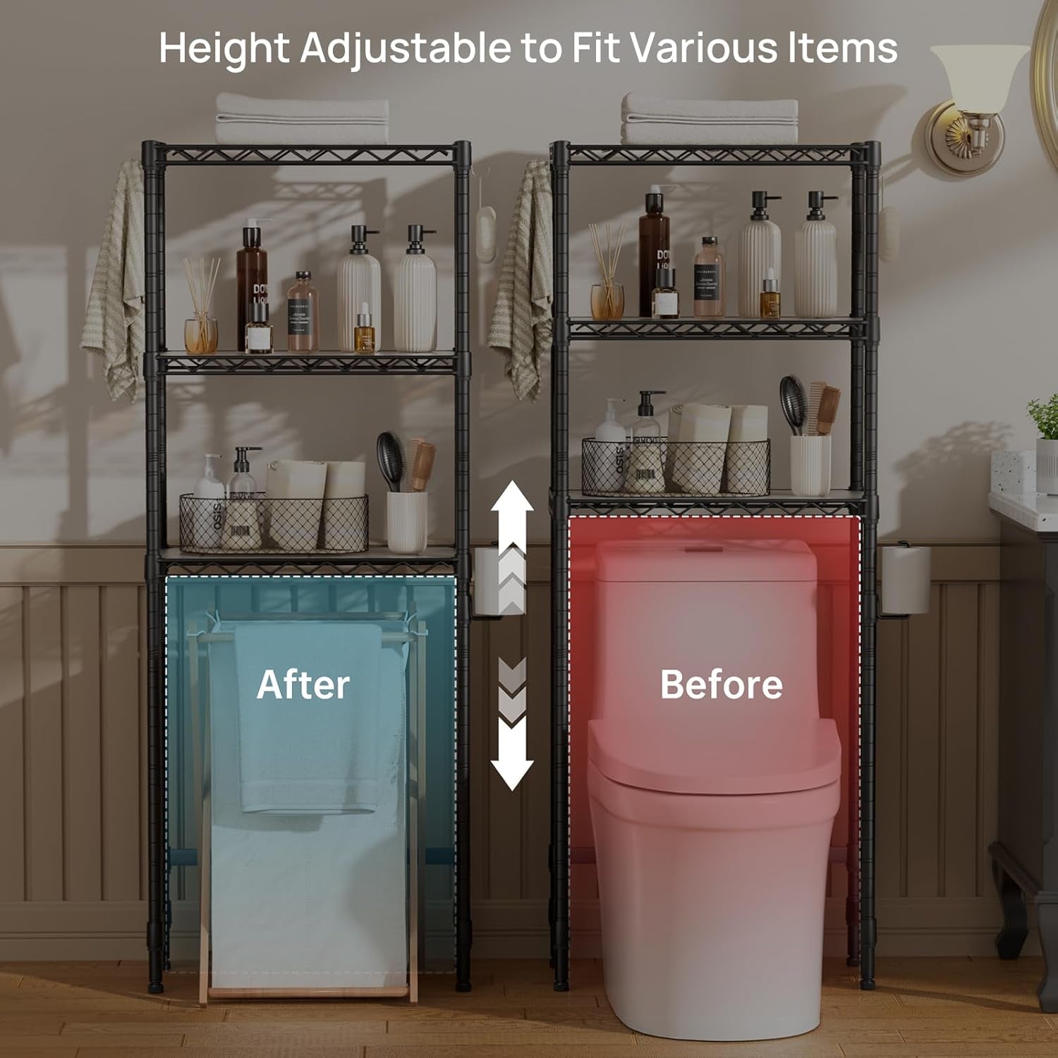 Over the Toilet Storage Shelf：3-Tier Bathroom Organizer and Storage Shelf with Adjustable Shelf and Basket Freestanding Space Saver above Toilet for Room Black