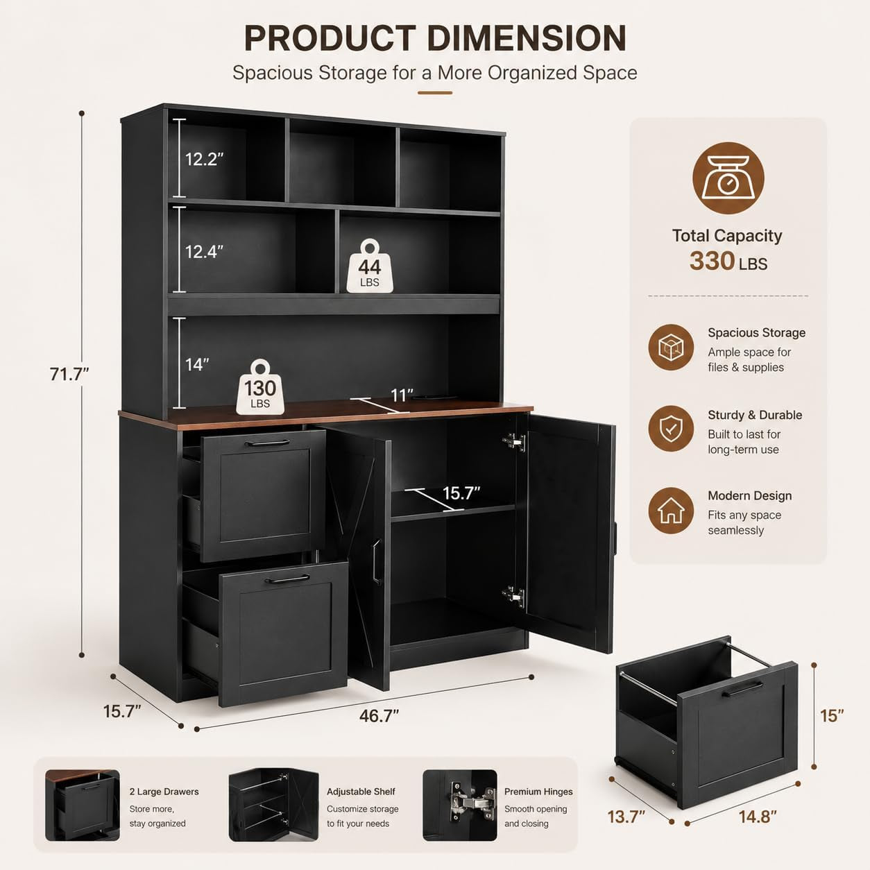 72'' Tall Bookshelf with Power Outlet, 2 Drawer File Cabinet for A4 Hanging Files, 3-Tier Open Shelves & Closed Storage Cabinets, Multifunctional Printer Stand - Black