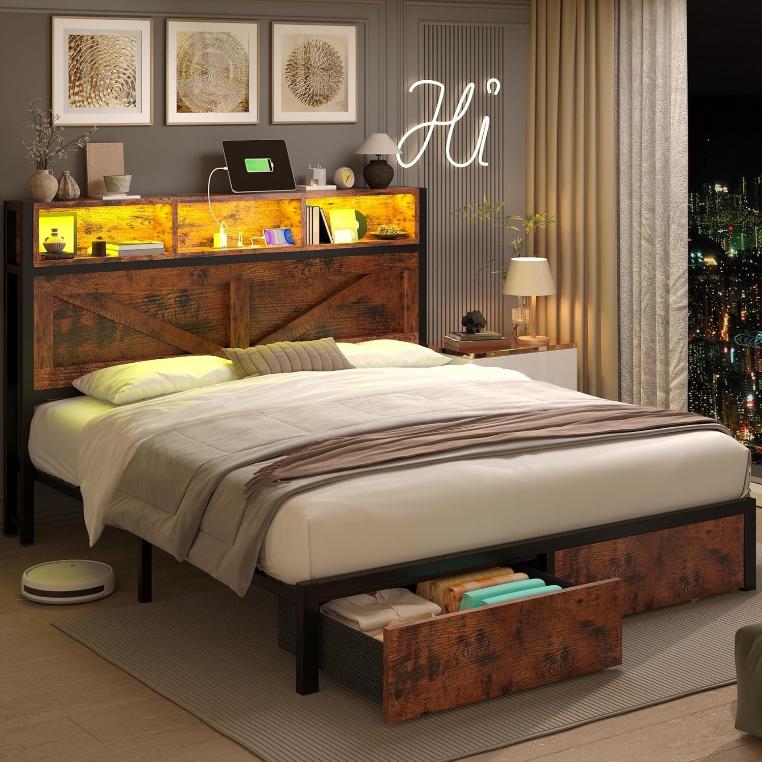 Farmhouse Queen Bed Frame with Bookcase Headboard and Storage Drawers, LED Lights and Charging Station, No Box Spring Needed, Noise Free, Rustic Brown