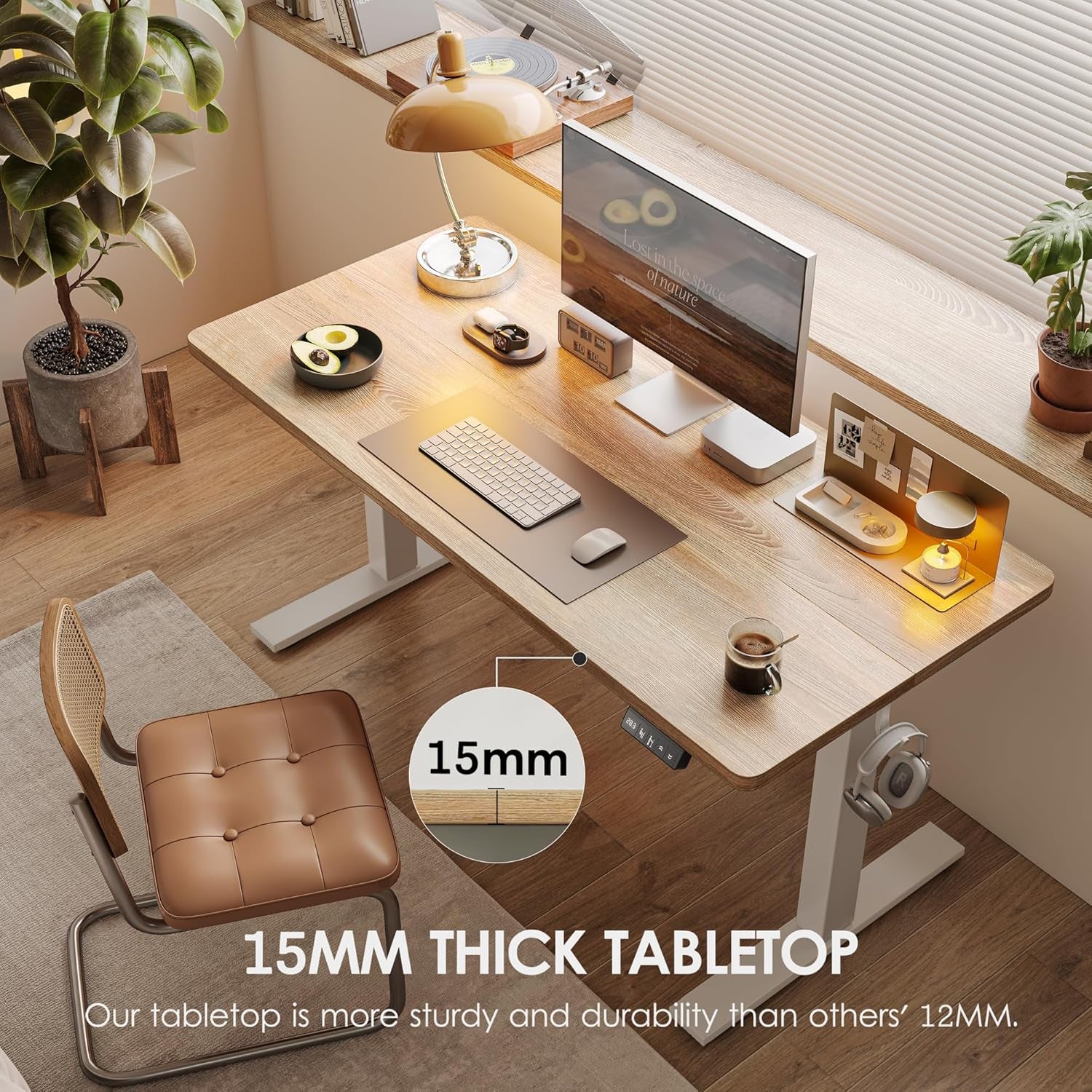 Electric Height Adjustable Standing Desk 47.2×23.6 Inch, Sit Stand Desk with Splice Board, Memory Controller, White Frame & Maple Top Computer Workstation for Home Office