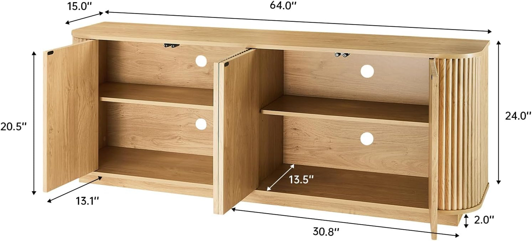 64" Sideboard Buffet Cabinet with Storage, Wooden Fluted Storage Cabinet Sideboard with Adjustable Shelves Pressed Spring for Kitchen Living Room (Natural Oak)
