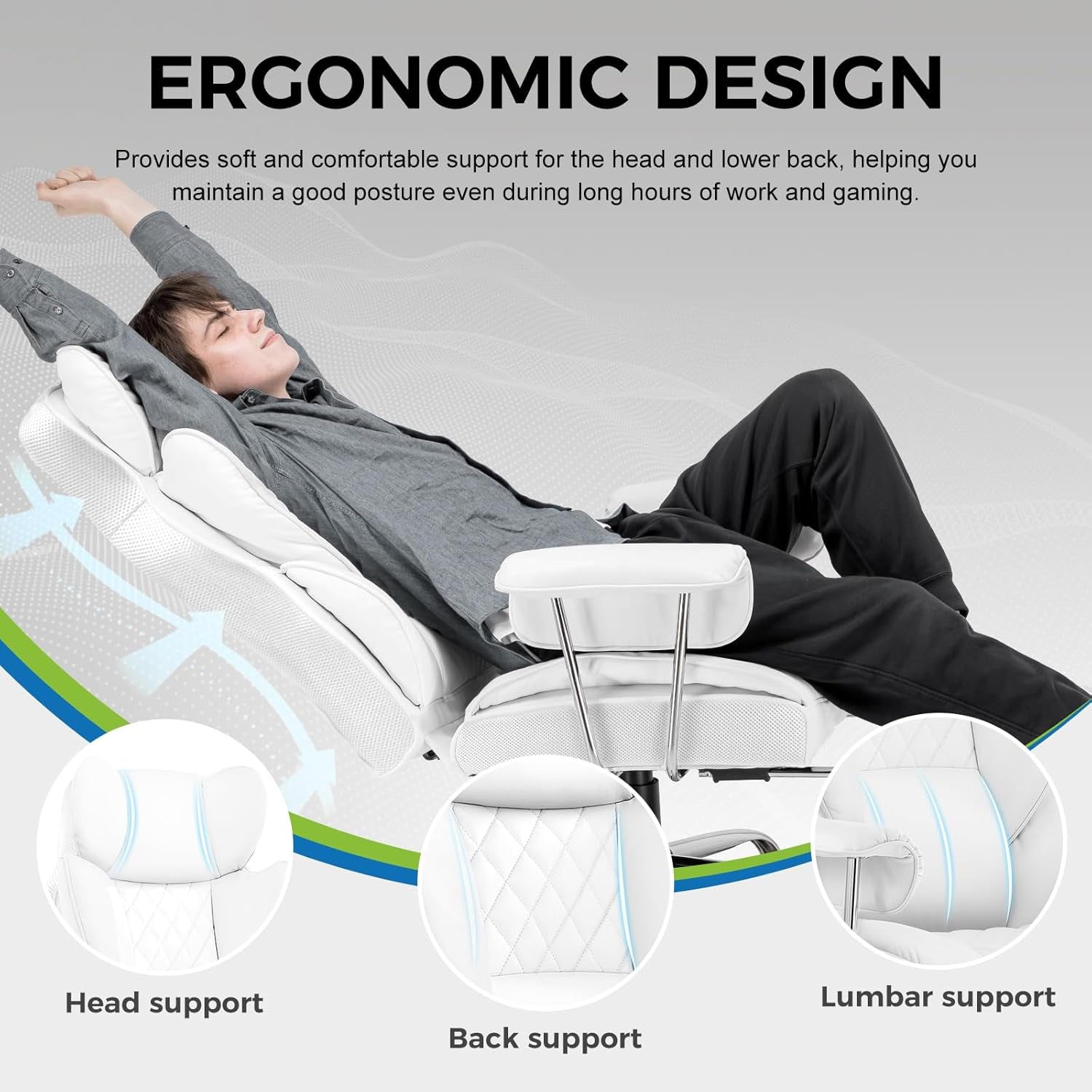 Gaming Chair,Office Chair with Pocket Spring Lumbar Support, Ergonomic Comfortable Wide Office Desk Computer Chair with Outward Fixed Soft Armrests and Footrest,(Pu Leather, White)