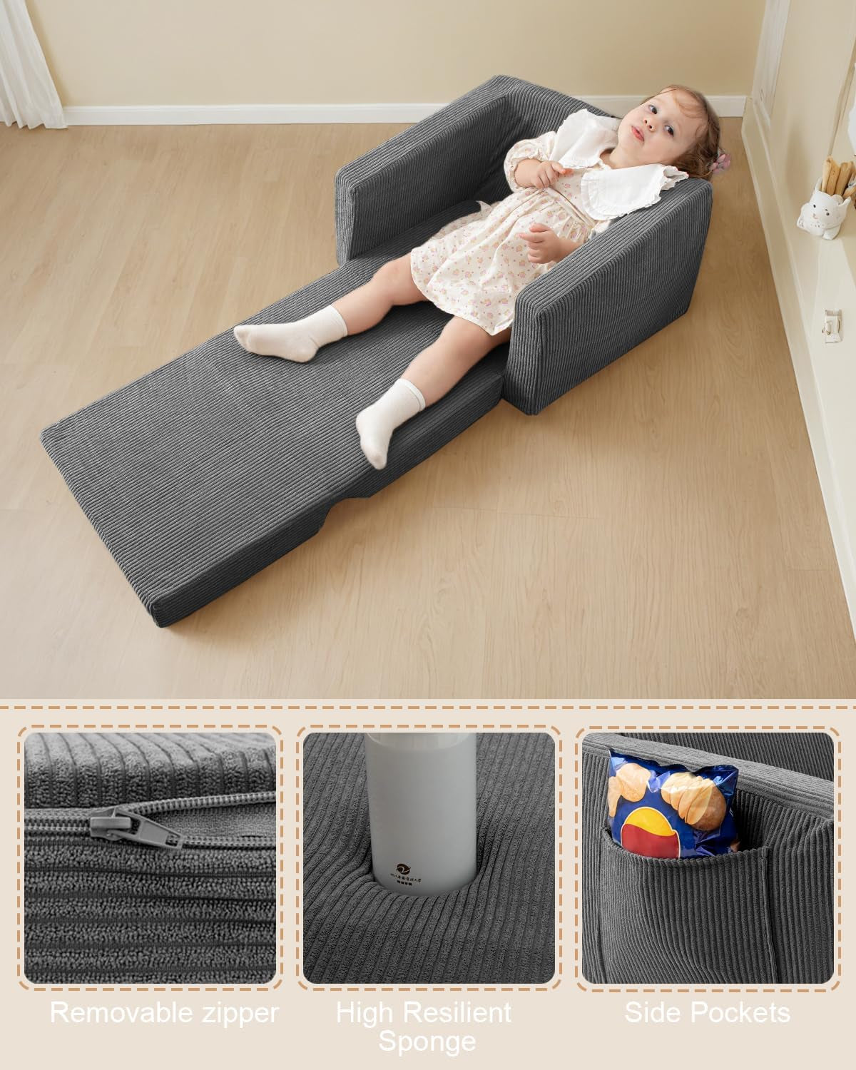 Toddle & Kids Chair,2-In-1 Soft Toddler Couches That Fold Out,Toddler Chairs Comfy 1-3 Years Old,Convertible Sofa to Lounge,Grey