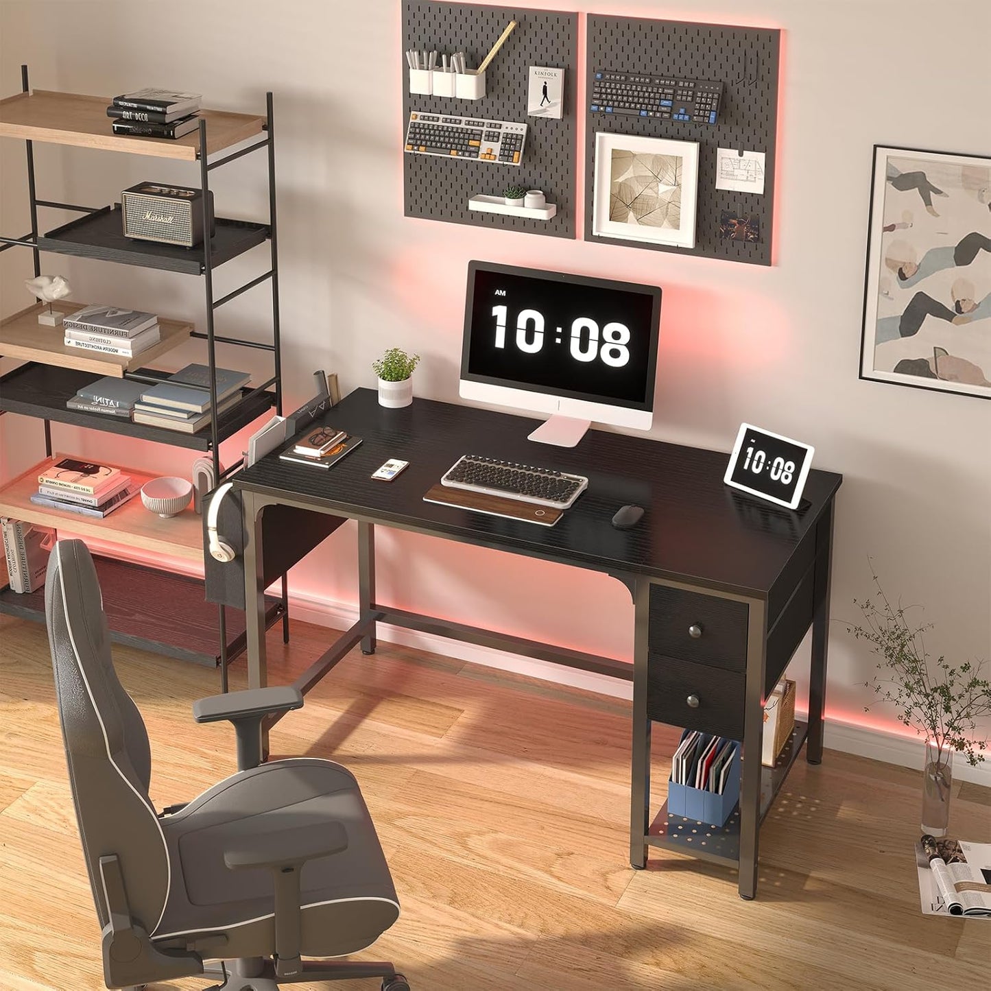 Gaming Desk with Fabric Drawers, 47 Inch Computer Desk for Home Office, Modern Simple Study Writing Table PC Desks for Bedroom, Black